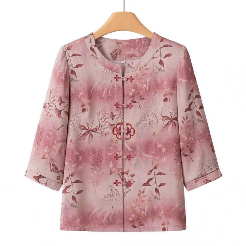 YUZHAOLIN Mid-Aged Women s Breathable 3/4 Sleeve Summer Cardigan Shirt 2XL