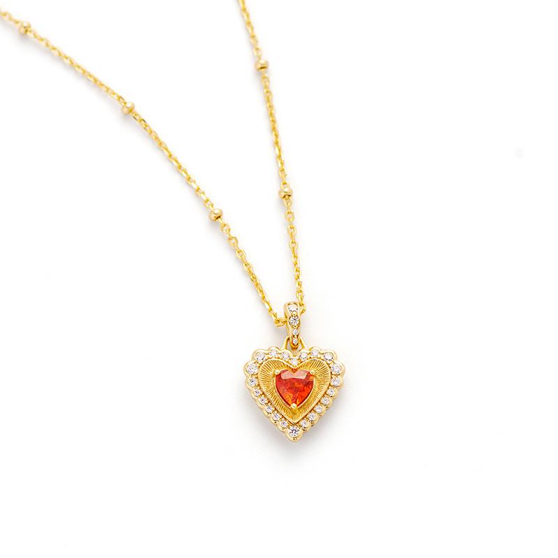 Exquisite S925 Sterling Silver Heart Necklace with Brushed Finish and Padparadscha Gemstone Pendant for Women