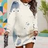 Women Plus Size Loose Round Neck Long Sleeve Watercolor Printed Mini Sweatshirt Dress