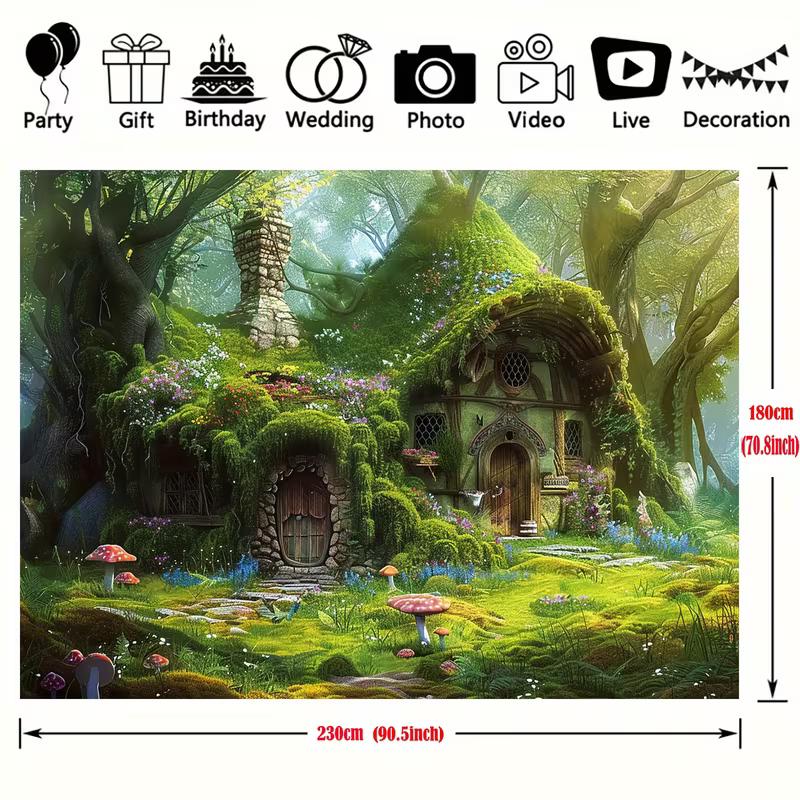 2D Enchanted Cottage Tapestry, Magical Forest Hobbit House & Mushroom Wall Art for Kids Bedroom & Nursery