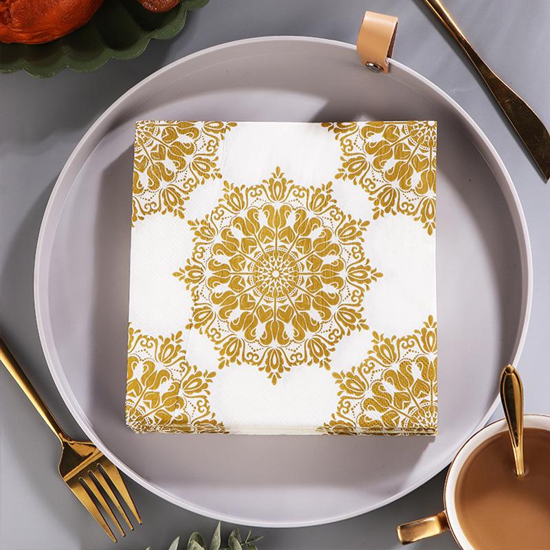 Gold Printed Square Paper Napkins and Placemats for Hotel Banquet Parties