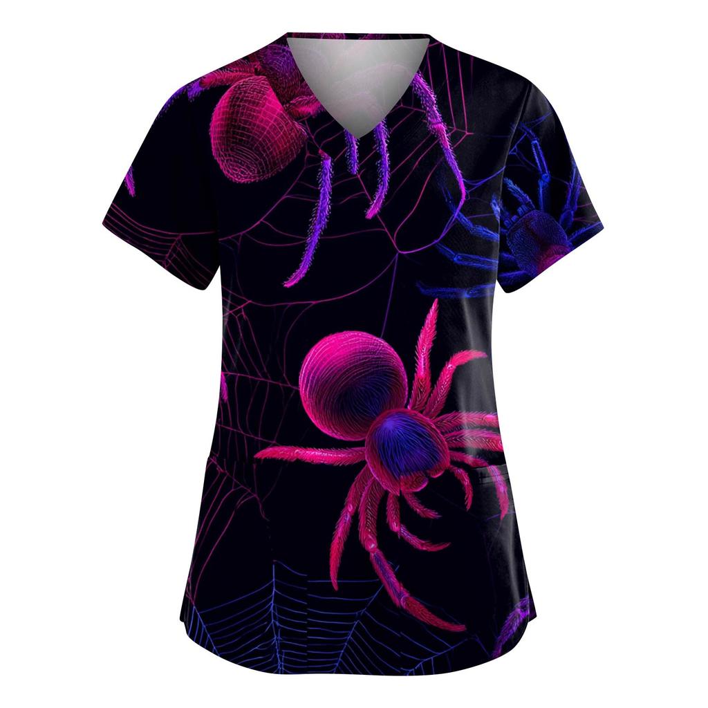 Women's Fashion V-Neck Short Sleeve Overalls With Pockets Halloween Printed Tops  Apparel