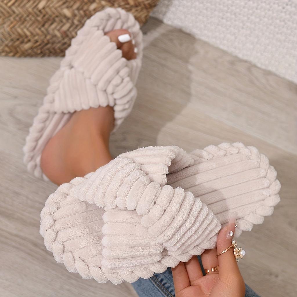 Couple Style Slippers, Lightweight for Home Use. Classic Elegance, Crossed Straps, Fluffy and Soft, Skin Friendly and Warm, One Foot Kick