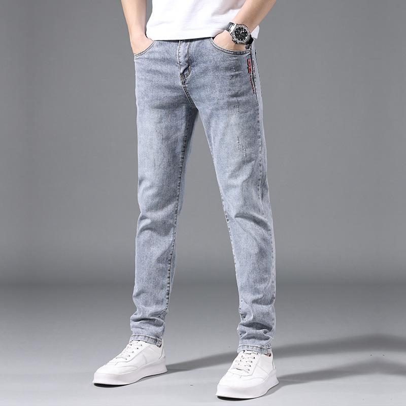 Summer men's jeans slim fit elastic pants for men Korean style trendy youth light-colored trousers
