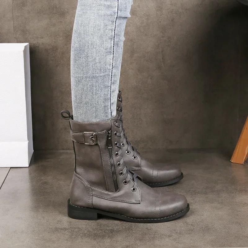 

Fashion New Plus Size Retro Women Western Boots Punk Lace Up Buckle Motorcycle Boots Zipper Mid Calf Boots Ladies Short 36 серый