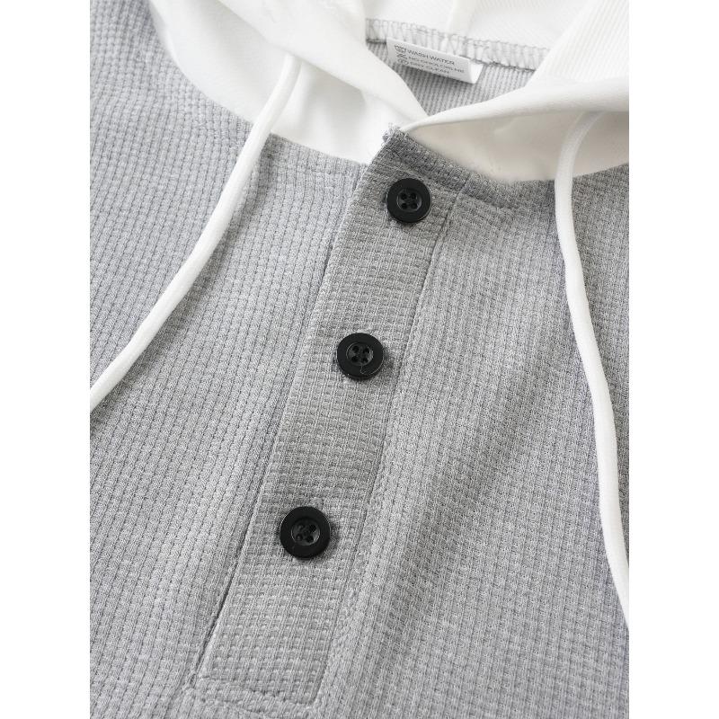 Men's Waffle Knit Color Block Hooded Drawstring Button Short Sleeve T-Shirt.