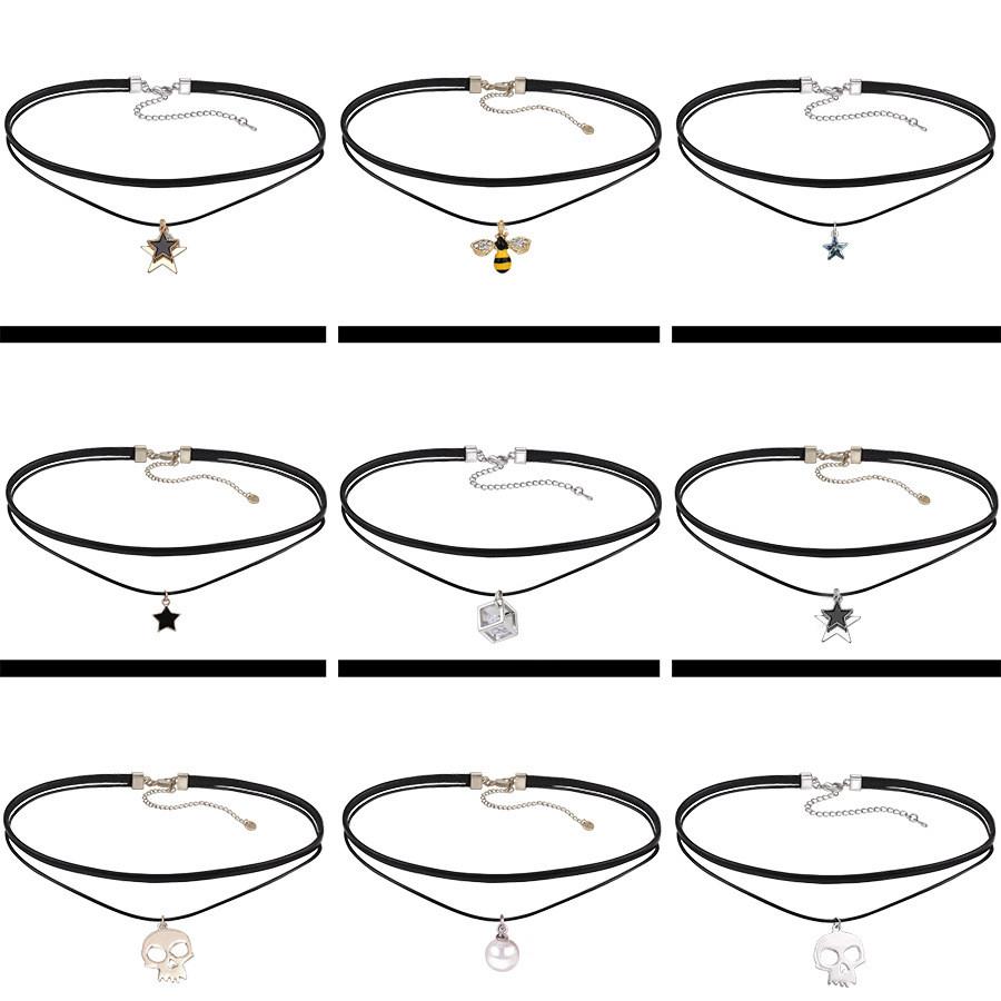Trendy Pu Layered Choker Necklace For Women With Eye-catching Dual Heart And Star Pendants