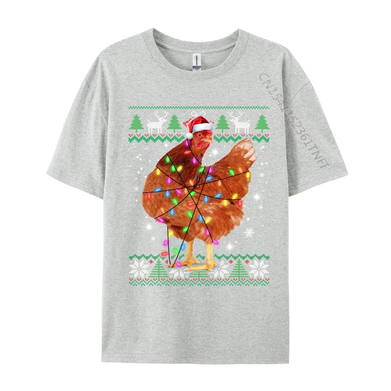 Ugly Christmas Chicken Santa Hat Lights Sweater Xmas T-Shirts Natural Cotton Man Fashion T-Shirt Chicken Santa T-Shirts Casual
