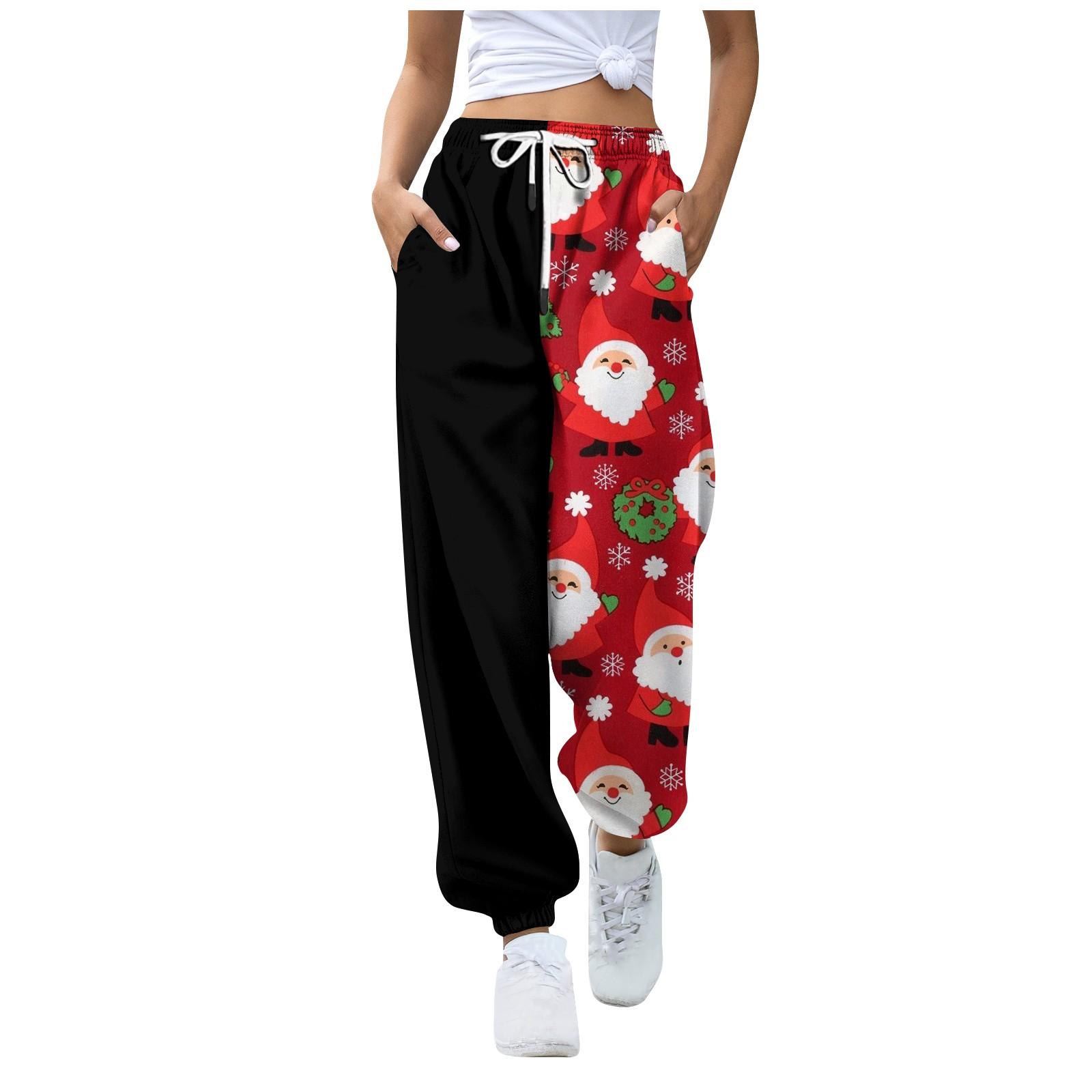 

Женские повседневные модные рождественские принты, повседневные брюки с эластичной резинкой на талии и завязками на шнурке L красный