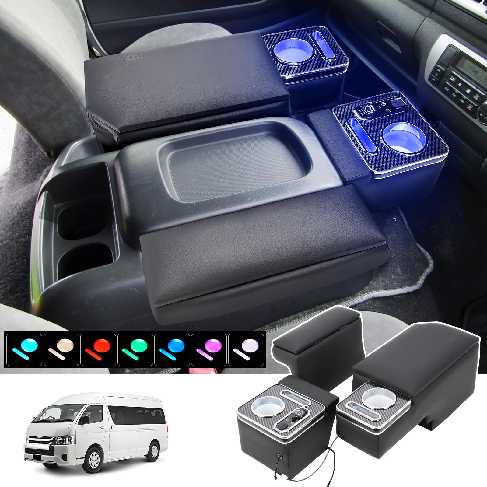 

Подлокотник консоли CEMOFE для Toyota Hiace 200 Series Widebody Центр Вентиляция USB PD Набор Подходит Дюймы Бокс, Консоль, 7-цветное преобразование, Лампа, QC3.0,