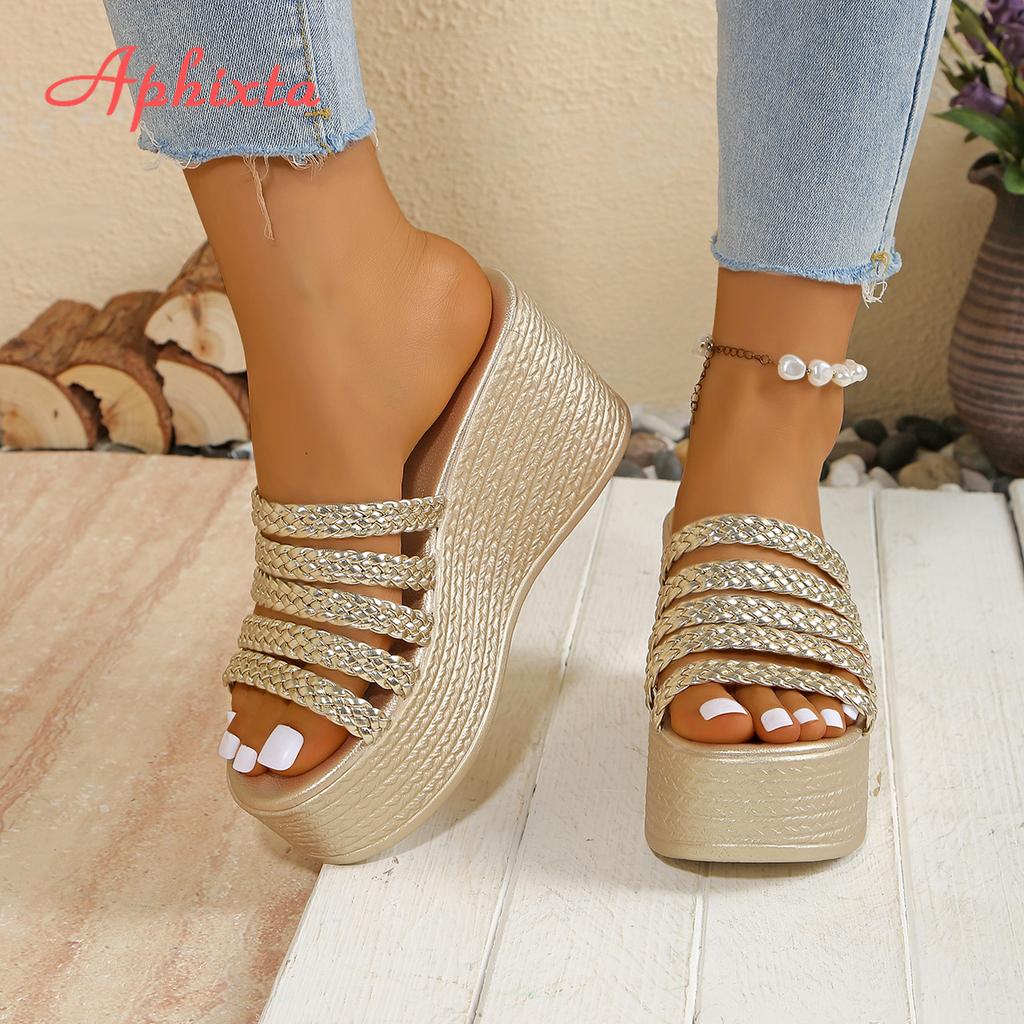 Fashion Aphixta Gold Sole Weave Design Women Wedge Slides 9cm High Heels Summer Beach Shoes for Woman Fashion Women's Sandals