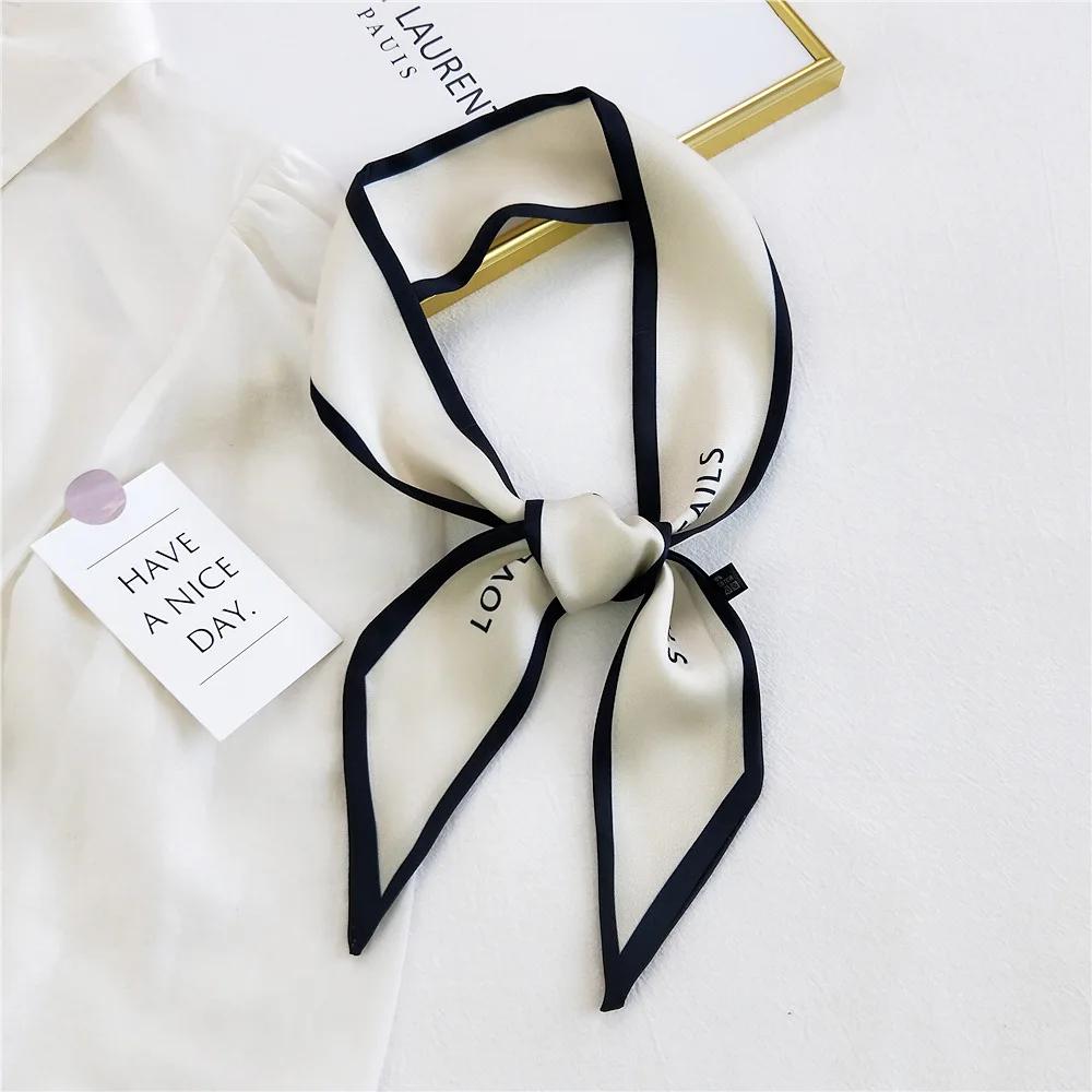 Fashion Women Hair Scarf French Elegant Narrow Long Scarf Satin Silk Bow Tie Letter Print Bag Ribbon Headband Scarves