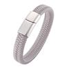 Punk Gray Leather Bracelet Men Stainless Steel Clasp Bangles Men's Bracelets Wristband Jewelry Gift