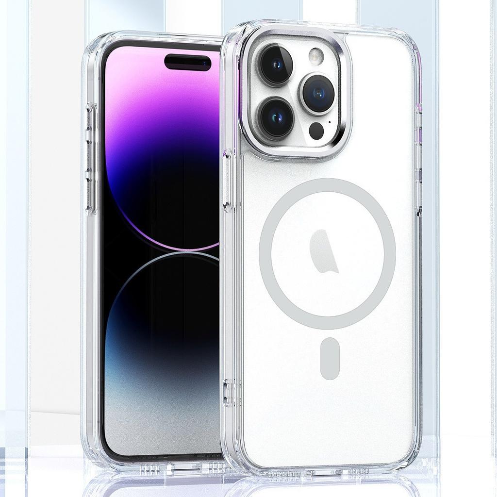 Applicable to iPhone16ProMax bright magnetic mobile phone case Apple 15plus high-transparency metal lens case