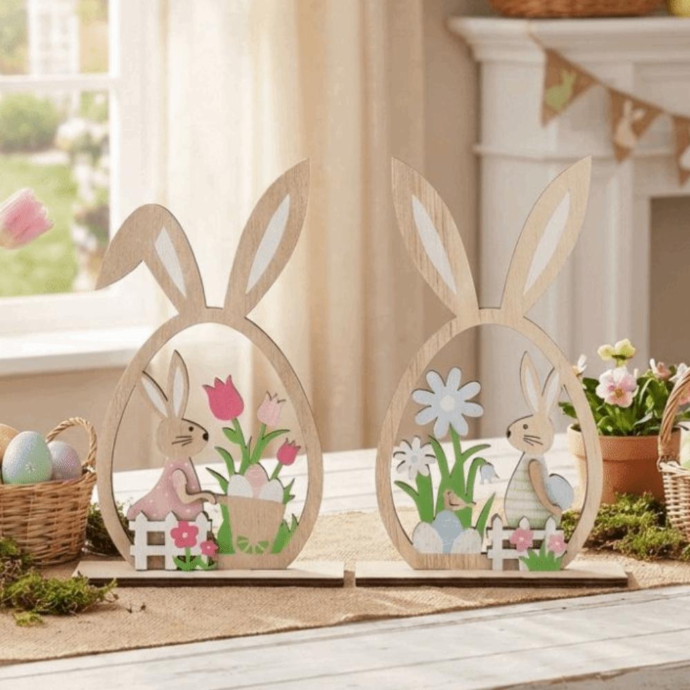 2Pcs Farmhouse Rustic Easter Bunny Ornament Hand-Painted Bunny Desktop Decorative Table Mantel
