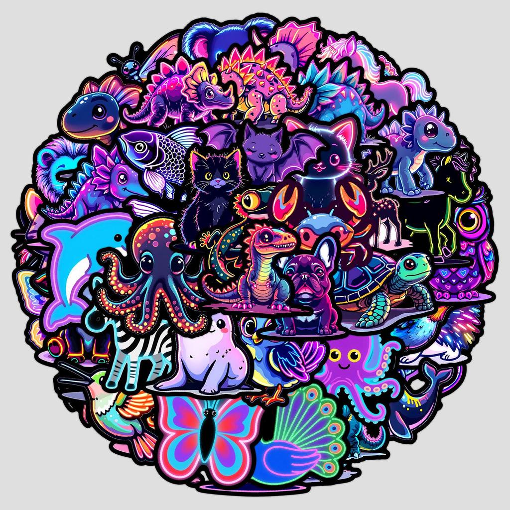 50 Neon Graffiti Animal Stickers: Waterproof Decals for Water Bottles, Phones, Laptops, and Suitcases