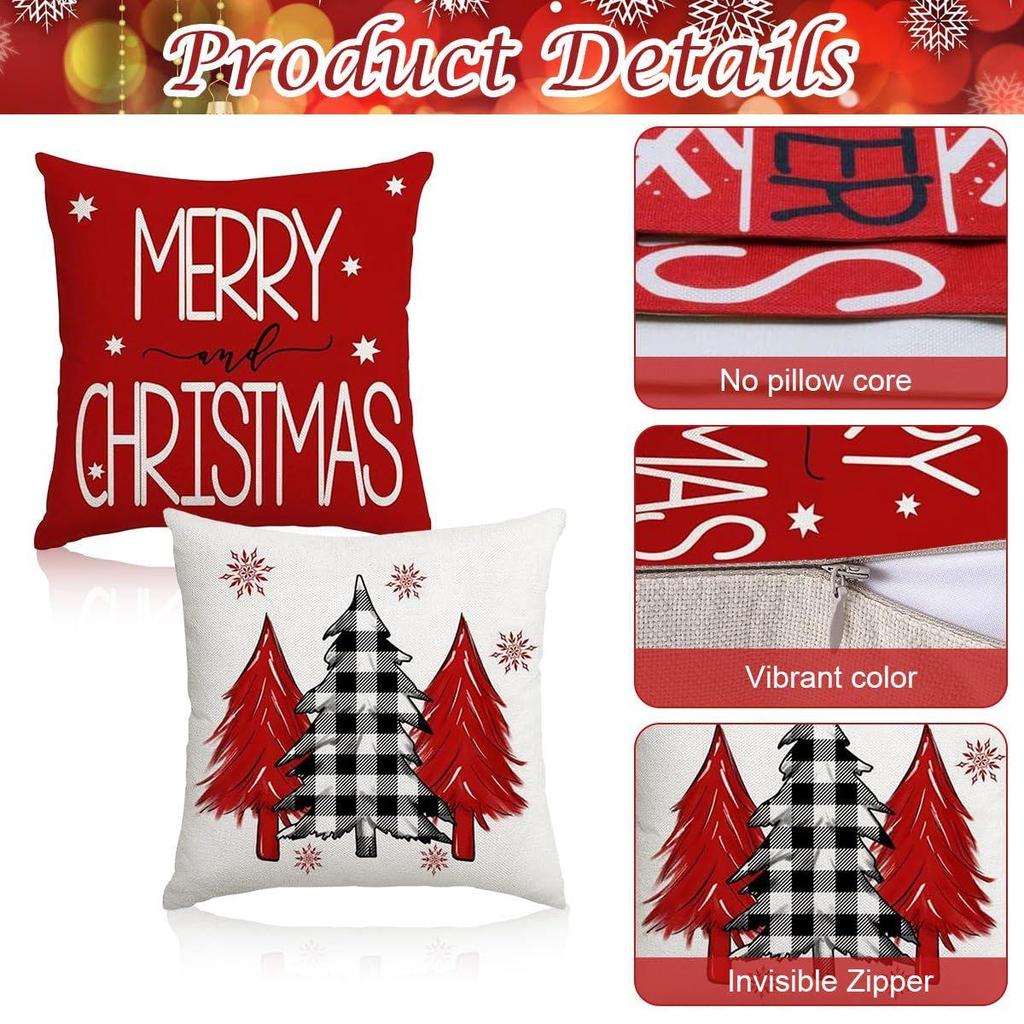 4Pcs Christmas Cushion Covers 16 Inch X 16 Inch Christmas Decorations Items Christmas Xmas Tree Snowflakes Print Throw Pillow Cover
