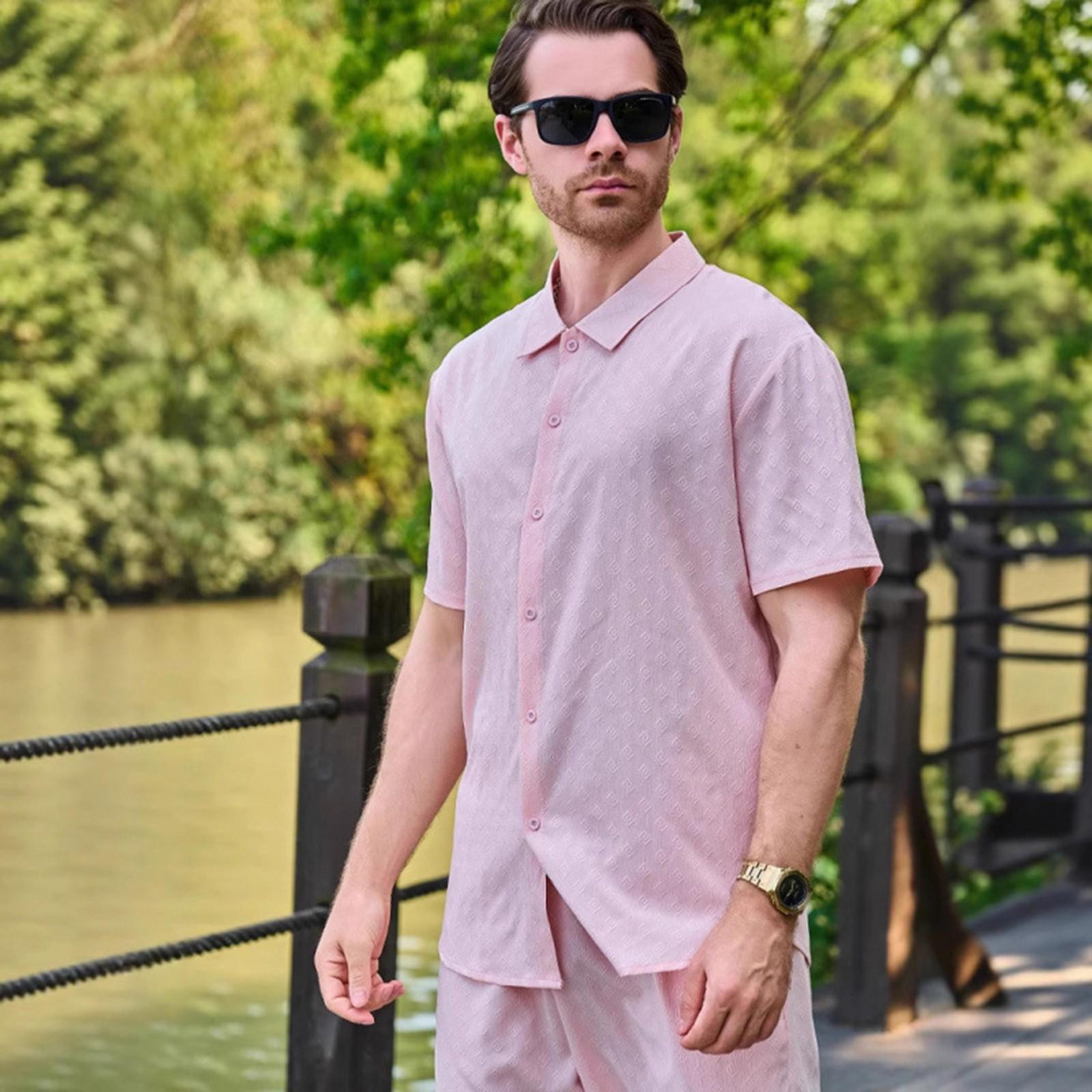 

Мужская повседневная рубашка с короткими рукавами и модный мужской топ XL розовый