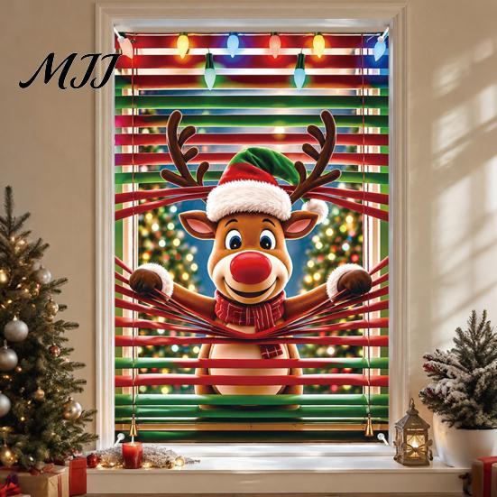 Durable Polyester Window Drapes Christmas Cover Banner with Santa Claus and Elk Patterns, Xmas Blackout Curtains for Peeking Ornament, Wall