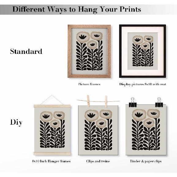 JXREQ Vinatge Boho Abstract Matisse Floral Wall Art, Mid Century Modern Abstract Black and Beige Floral Wall Decor for Home Kitchen Bedroom Bathroom