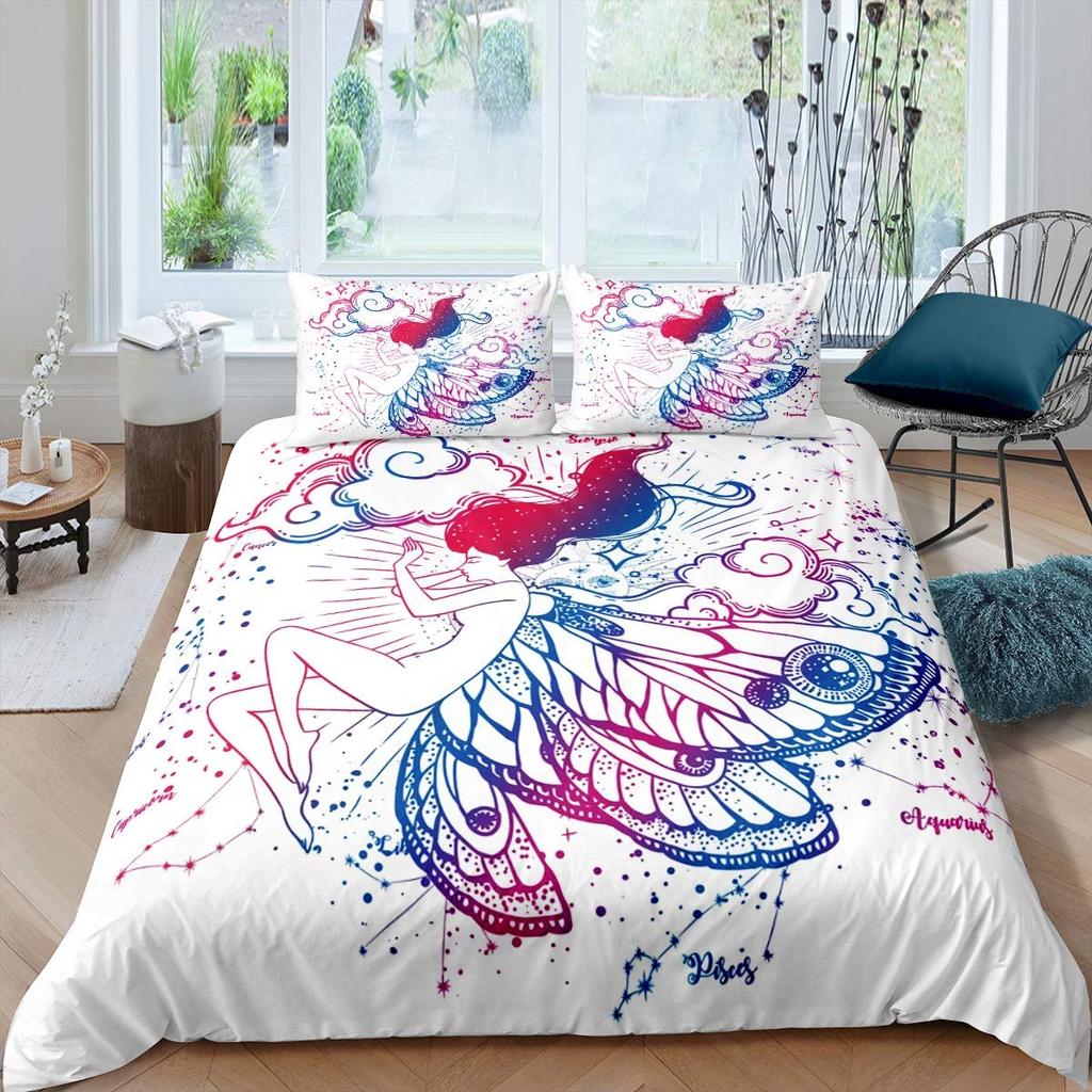 Romantisches Bettwäsche-Set mit Bettbezug Feenmädchen Bettwäsche-Set Mädchen Damen Paar Fliegende Schmetterlinge Dekor Fantasy Rosa Deckenbezug