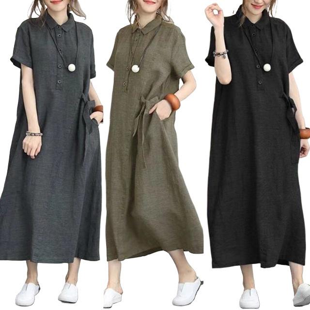 Polo Collar Cotton-Linen Short Sleeve Loose Pocket Dress