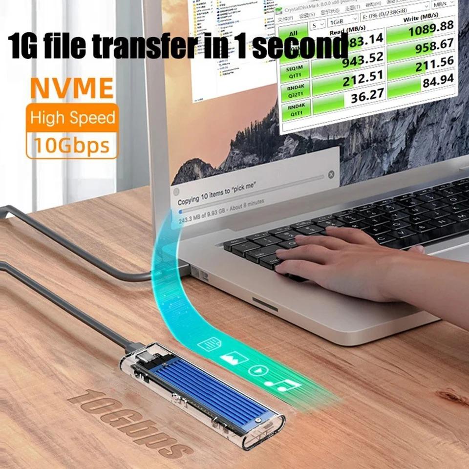 M.2 NVMe SSD Enclosure USB3.1 Gen2 External SSD Case Clear Hard Drive Adapter 10Gbps M.2 NVMe to USB Adapter Support UASP for PCIe NVMe SSD