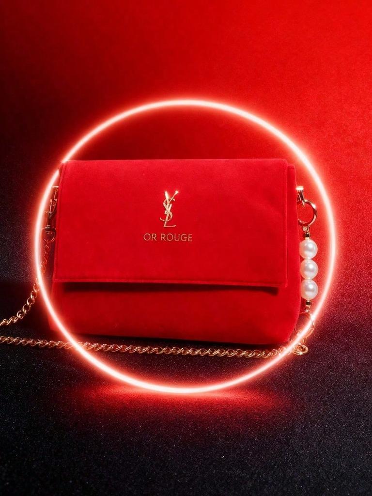 YSL Red Christmas Handbag, Shoulder Bag/Crossbody Bag with Gold Logo, Flap Closure, Luxurious Holiday Makeup Bag, Women's Christmas Gift