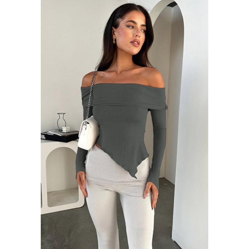 Women's Spring and Autumn Sexy Straight Neck Off-the-shoulder Long-sleeved Top, T-shirt Base Layer