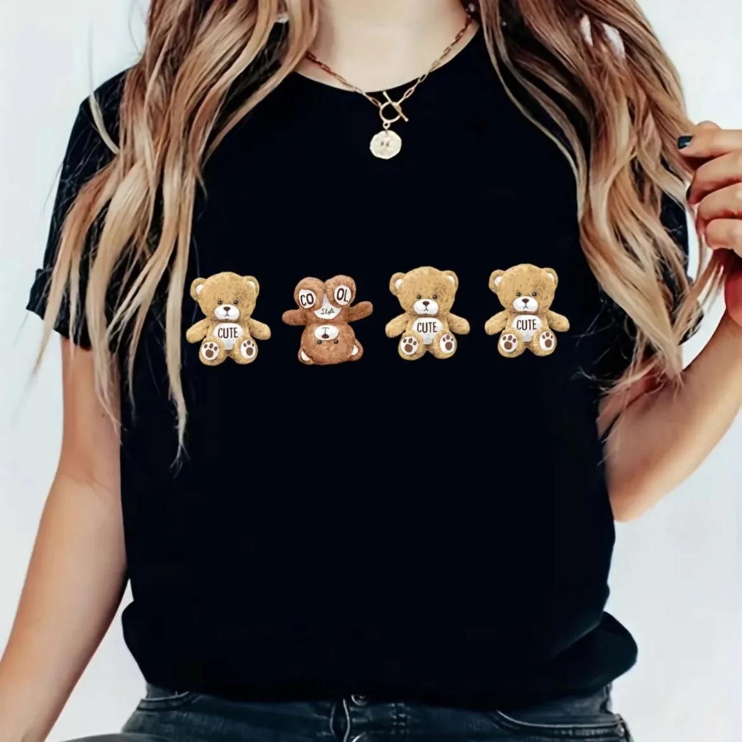 Женская футболка с рисунком плюшевого мишки Одежда Модный стиль для женщин Новая милая повседневная черная футболка с коротким рукавом и принтом S чёрный