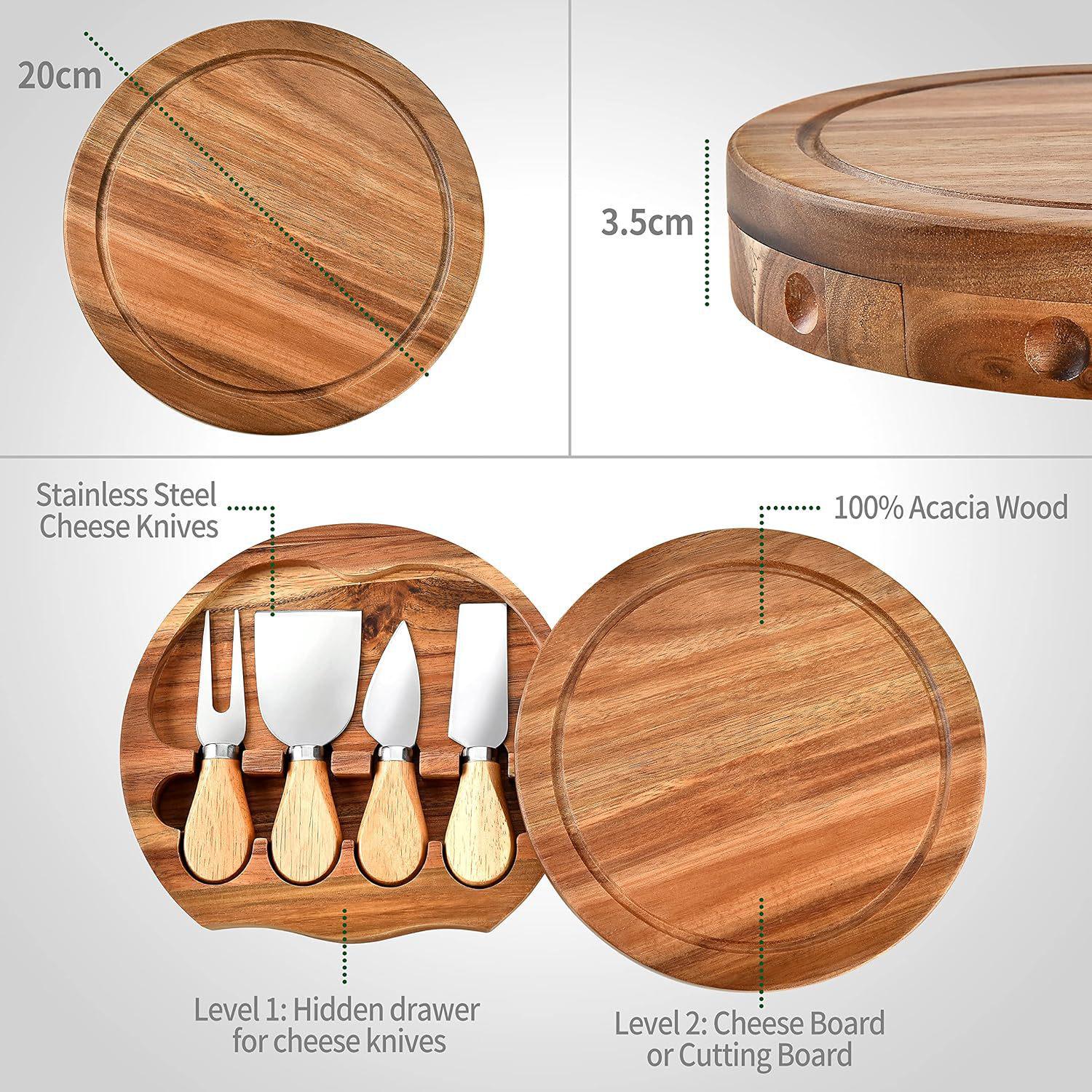 Acacia Wood Round Cheese Board & Knife Set