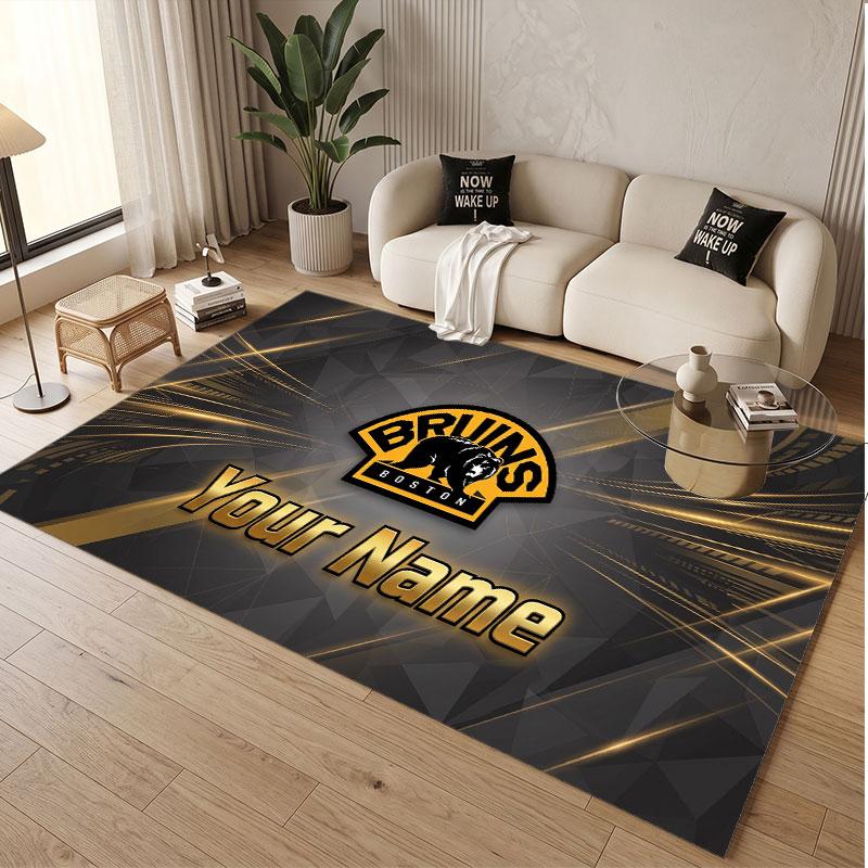 Custom Rug Boston Bruins Pattern Print Name Text Soft Non‑Slip Floor Carpet for Home Indoor Decoration