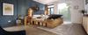 Double Bed 160 x 200 cm Wooden Foldable Headboard Made of Linen Two Nightstands Bench with Storage USB Reading Lamps Slats Oak Color without Mattress