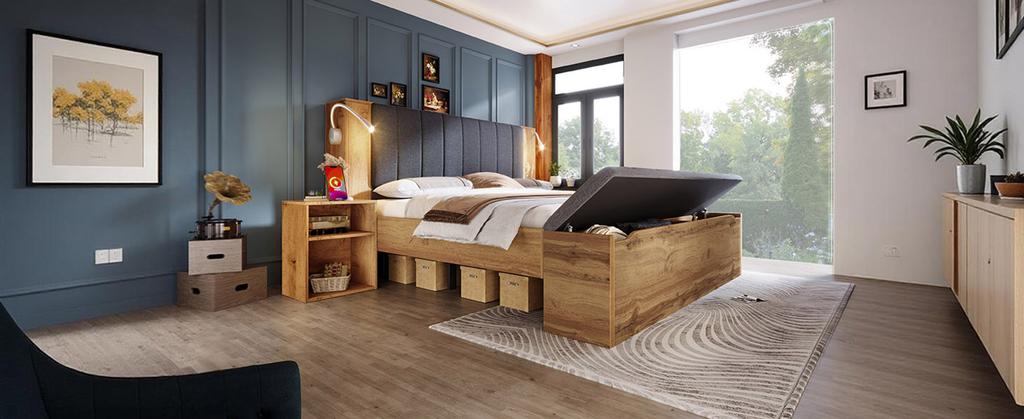 Double Bed 160 x 200 cm Wooden Foldable Headboard Made of Linen Two Nightstands Bench with Storage USB Reading Lamps Slats Oak Color without Mattress