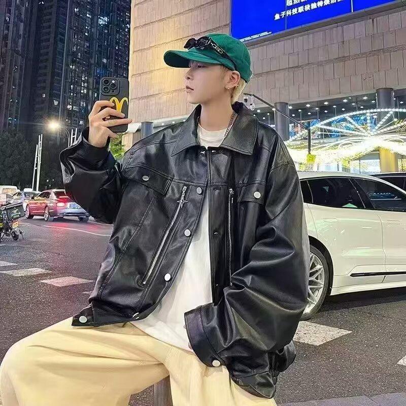 Leather jacket men's new spring and autumn ruffian handsome fried street loose tide brand American high street locomotive pu leather jacket