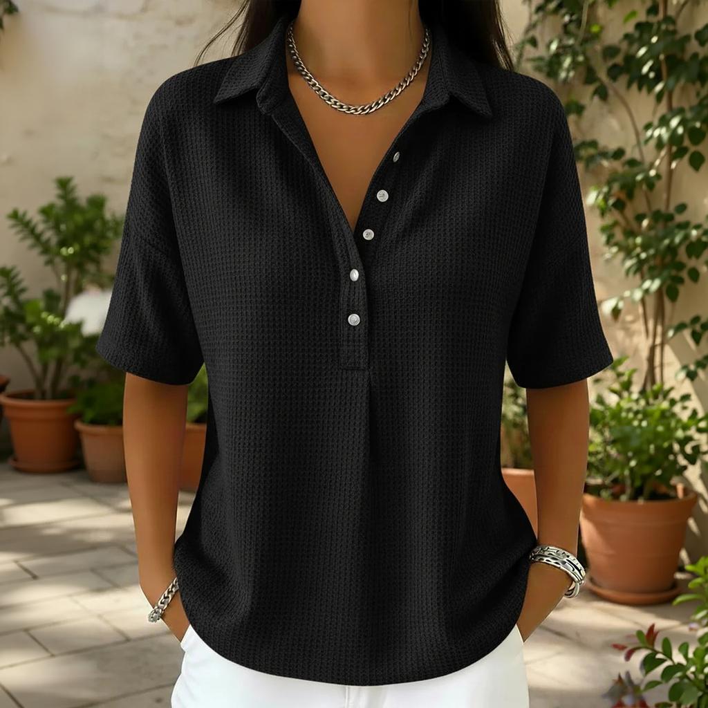 Women's Casual Waffle Knit Polo Shirt Short Sleeve Button Up Relaxed Fit Lightweight Top for Everyday Wear