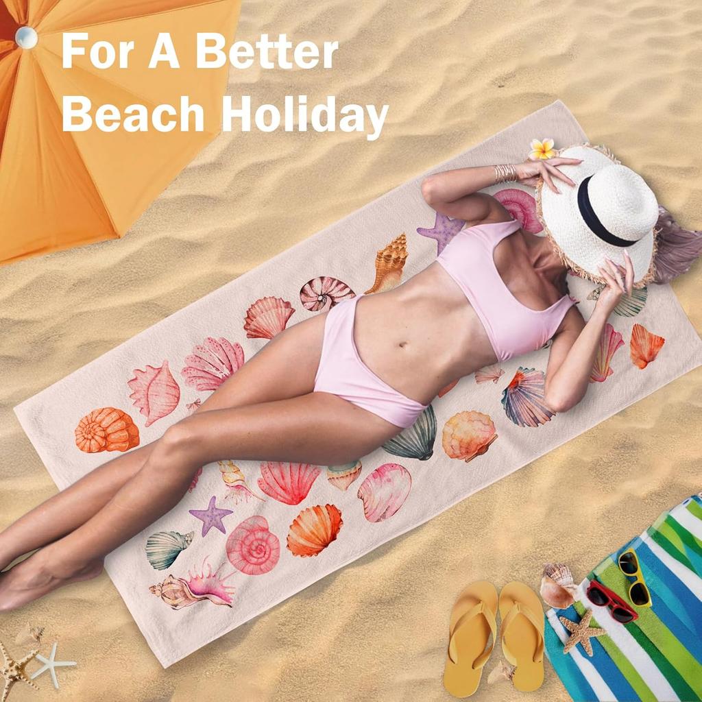 Coastal Pastel Seashell Beach Towels Oversized Gifts for Women Girls, Preppy Girly Coastal Ocean Quick Dry Travel Sand Free