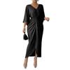 Damen V-Ausschnitt Raffung an der Taille Midi-Kleid mit Schlitz vorne Dreiviertelärm Elegante Passform für den täglichen und formellen Gebrauch