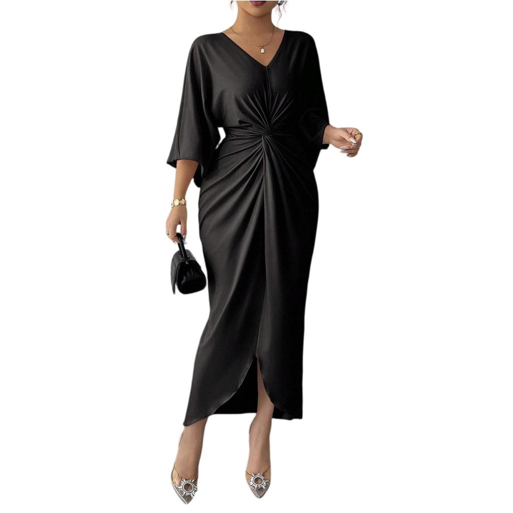 Damen V-Ausschnitt Raffung an der Taille Midi-Kleid mit Schlitz vorne Dreiviertelärm Elegante Passform für den täglichen und formellen Gebrauch