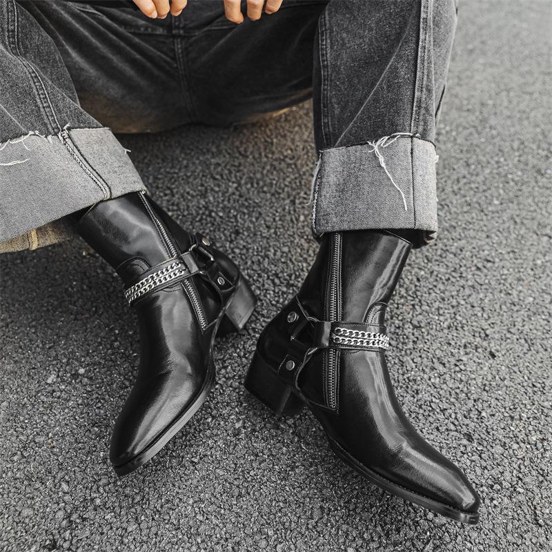 mens luxury fashion high chelsea boots designer pointed toe shoes cowboy genuine leather boot punk hip hop long motorcycle botas