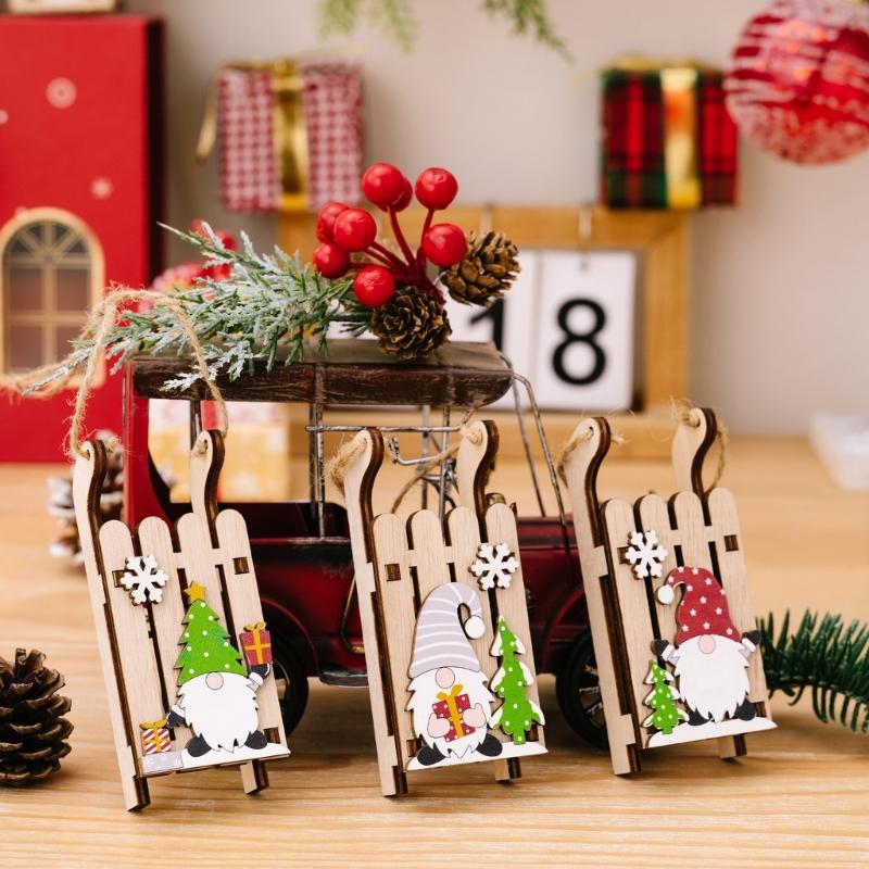 Handcrafted Wooden Sled with Dwarf Ornament Easy Hanging Festival Home Decoration Christmas Party Supplies