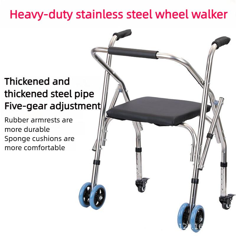 Adjustable Height Walking Aid Handcart Stainless Steel Elderly Walking Aid Foldable Auxiliary Walking Device