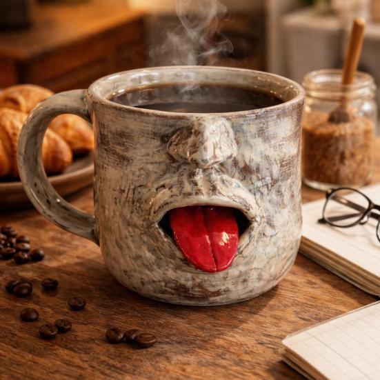 Stick-Out Tongue Ceramic Mug Large Capacity Stoneware Cup with Funny Face Design Novelty Coffee Tea Gift for