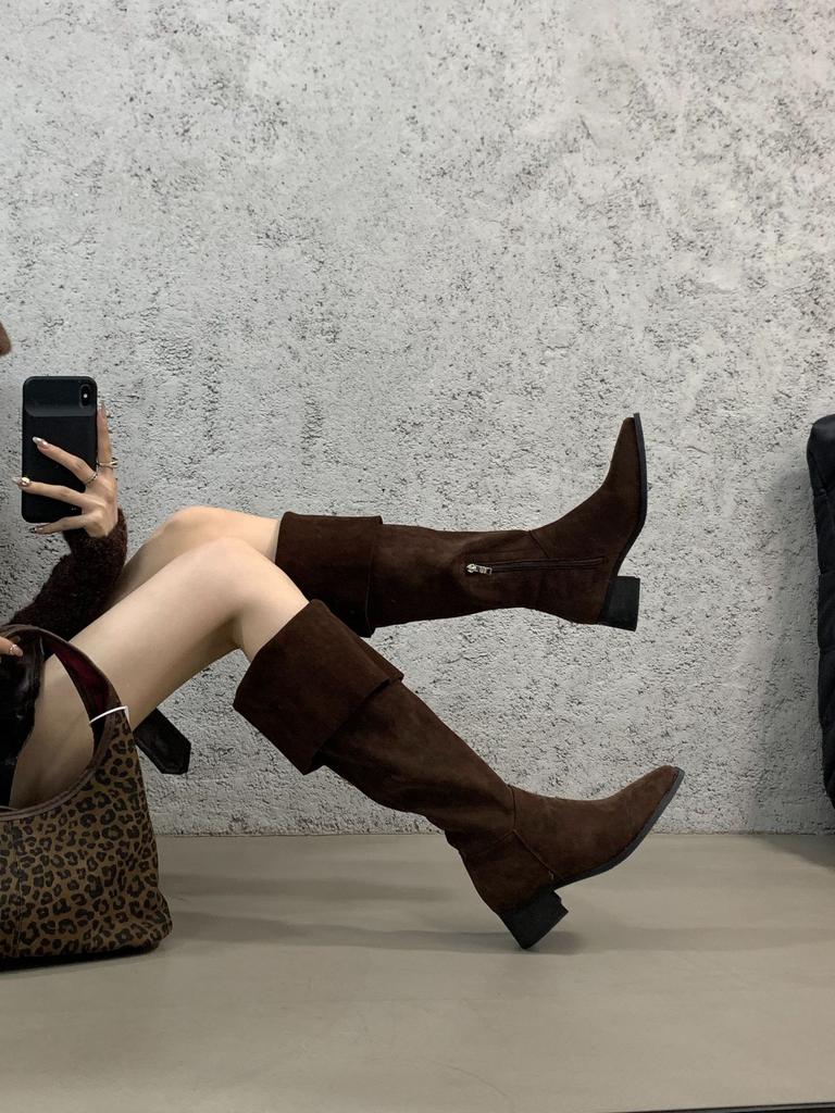 Thick Heel Western Cowboy Retro Knee Boots Women's Shoes 2025 New Autumn and Winter Stacking Boots Long Knight Boots