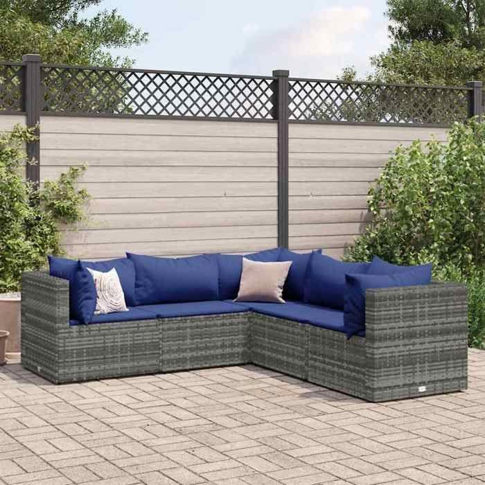 VidaXL Salon de jardin 5 pcs avec coussins Gris Résine tressée, ensemble de canapés d'extérieur, canapé d'angle de jardin, 3308127