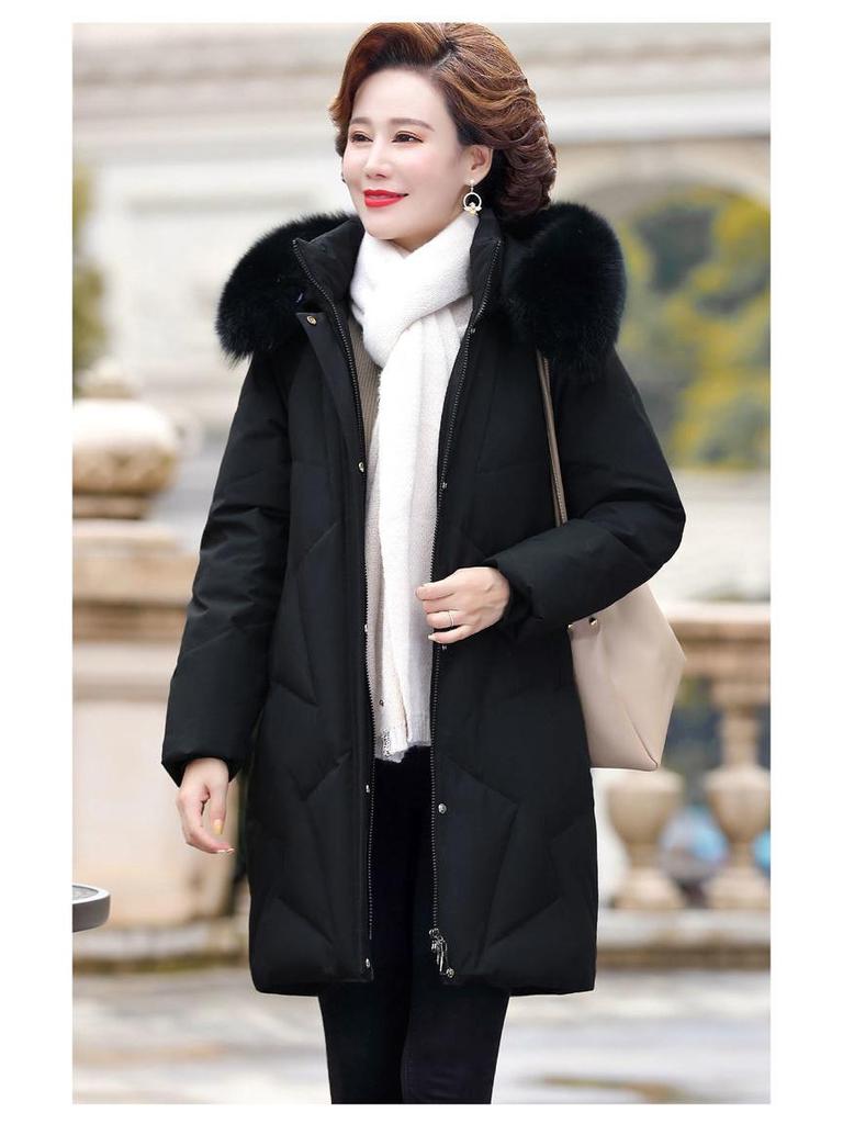 Dámská péřová bunda střední délky v korejském stylu s límcem z pravé kožešiny - Módní pro střední a starší věk