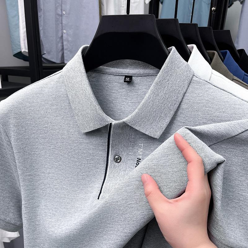 

Летняя мужская рубашка поло с коротким рукавом, лацканом, повседневная, для бизнеса, с воротником, хлопковая футболка мужская 4XL светло-серый