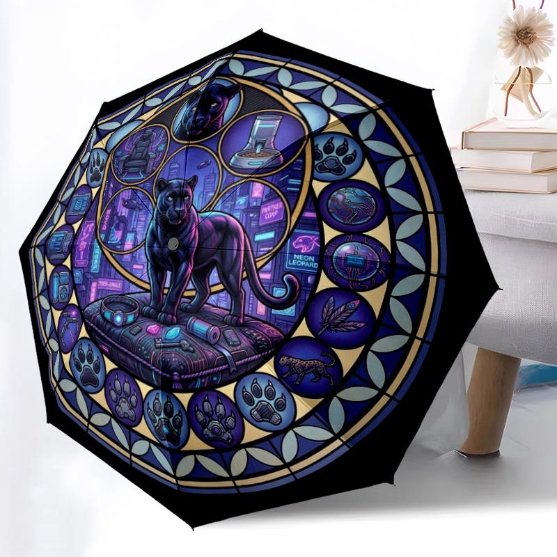 Cybernetic Panther Mandala pattern umbrella, portable and foldable design, 8 ribs, a casual accessory for Halloween, Christmas, and birthday gifts.