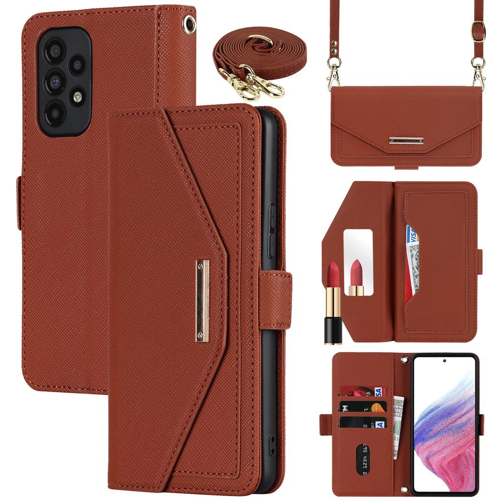 Etui z podstawką dla Samsunga Galaxy A53 5G, Tekstura krzyżowa, Skóra PU, Portfel, Pokrowiec na telefon z paskiem na ramię/Lusterko do makijażu