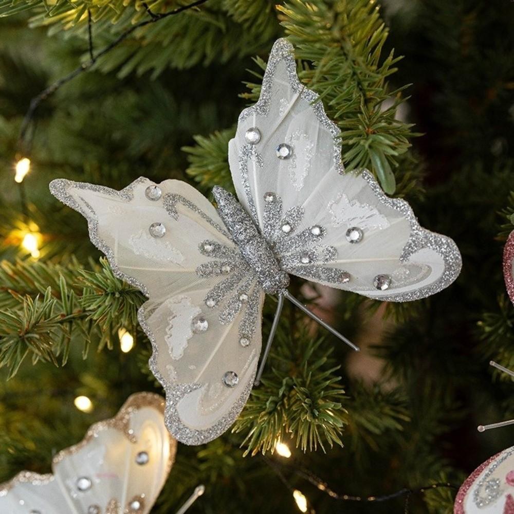 With Clip Christmas Tree Hanging Decor Glitter Simulation Butterfly Decoration  Xmas Tree Decor